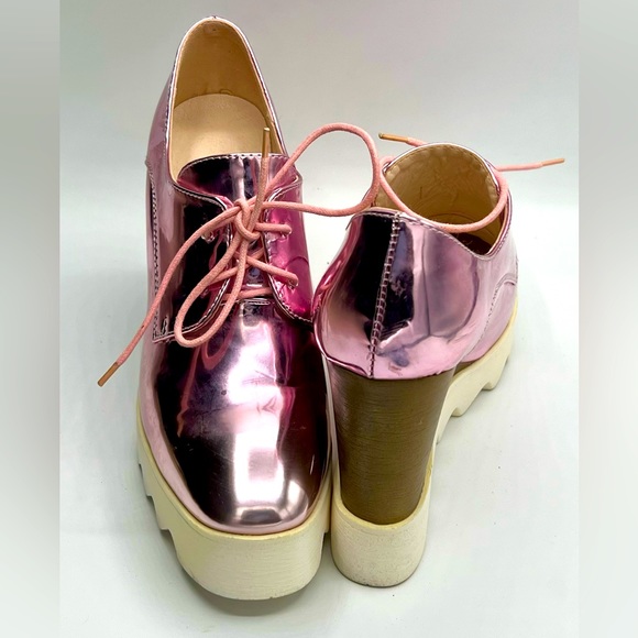 Womens Brogue Patent Leather Wedge Heels Creepers Pink Punk Shoes US 7/EU 37 - Picture 7 of 8
